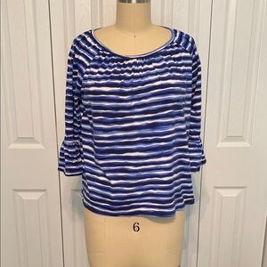 Michael Kors Blue and White 3/4 Sleeve Ruched Blouse